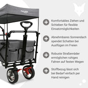 Carrito de mano plegable y compacto Fuxtec FX-CT700 gris, con frenos, asiento acolchado, mango ajustable en altura, para excursiones