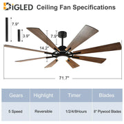 Ventilador de techo con luz, control remoto y 8 aspas grandes de madera