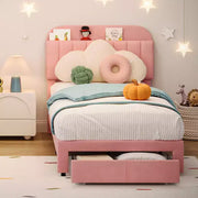 Paquete de 2 bases de cama individual con cajones de almacenamiento y cabecera, tapizadas en terciopelo, perfil bajo, sin ruido, fácil montaje, rosa