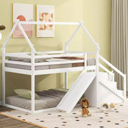 Literas tipo casita con tobogán y escaleras de almacenamiento, litera de madera individual sobre individual para niños con techo y escaleras para niñas y niños