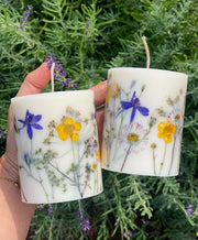 Vela de cera de soja con flor prensada, decoración floral, 9 cm de altura
