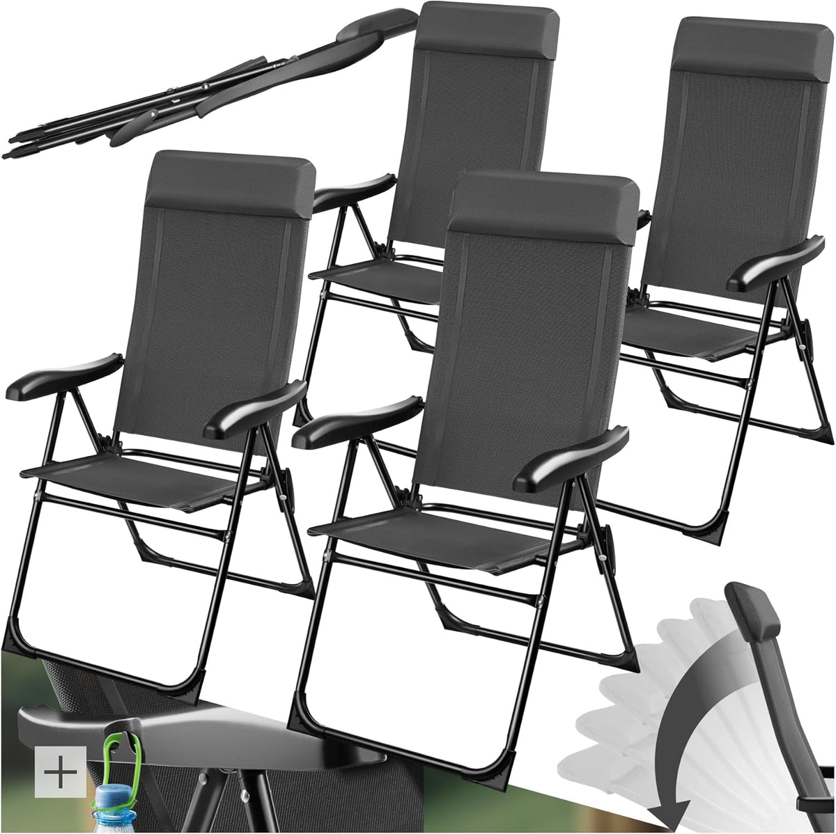 TecTake® Set de 4 sillas plegables de camping, sillón plegable gris, silla de playa ultraligera de aluminio con respaldo reclinable y reposacabezas, ideal para viajes, pesca, festivales, camping, playa, jardín