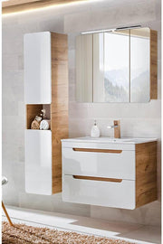 Conjunto de muebles de baño Lomadox con lavabo de 81 cm y armario con espejo LED, blanco brillante con imitación roble Wotan, armario colgante, armario bajo
