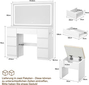 TRIUMPHKEY Tocador grande con espejo e iluminación LED de 115 cm, temperatura de color ajustable, tocador de 7 cajones con toma de corriente y taburete, 115x40x139 cm, blanco