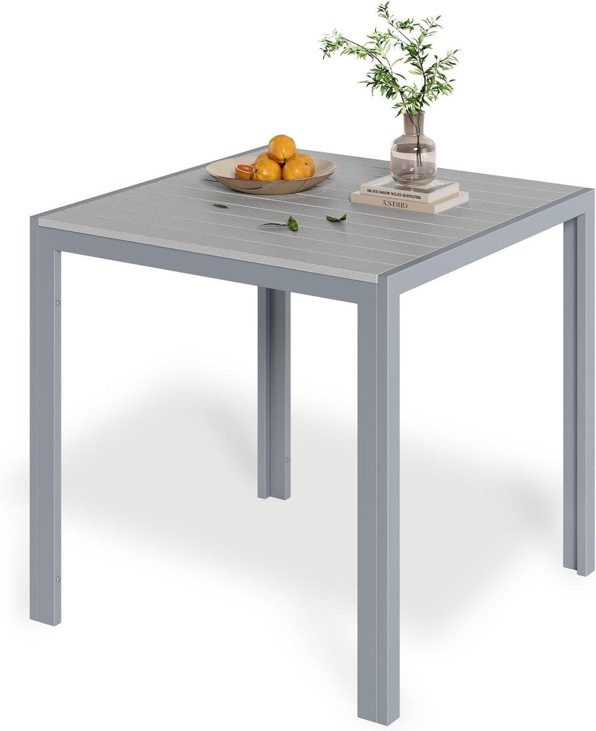 Mesa de jardín de aluminio LIFERUN, mesa de balcón de WPC de 75x75 cm resistente a la intemperie, mesa cuadrada para terraza, mesa de comedor antideslizante para exteriores, marrón teca + gris claro