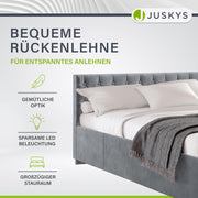 Cama tapizada Juskys Nizza 180x200 cm con colchón, estructura de cama con somier, almacenamiento y luz LED, tapizado de terciopelo, capitoné estilo Chesterfield, gris