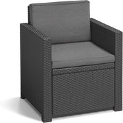 Set de salón de jardín de 4 piezas Allibert by Keter Monaco, grafito/gris, con cojines de asiento y respaldo, de plástico, aspecto de ratán plano