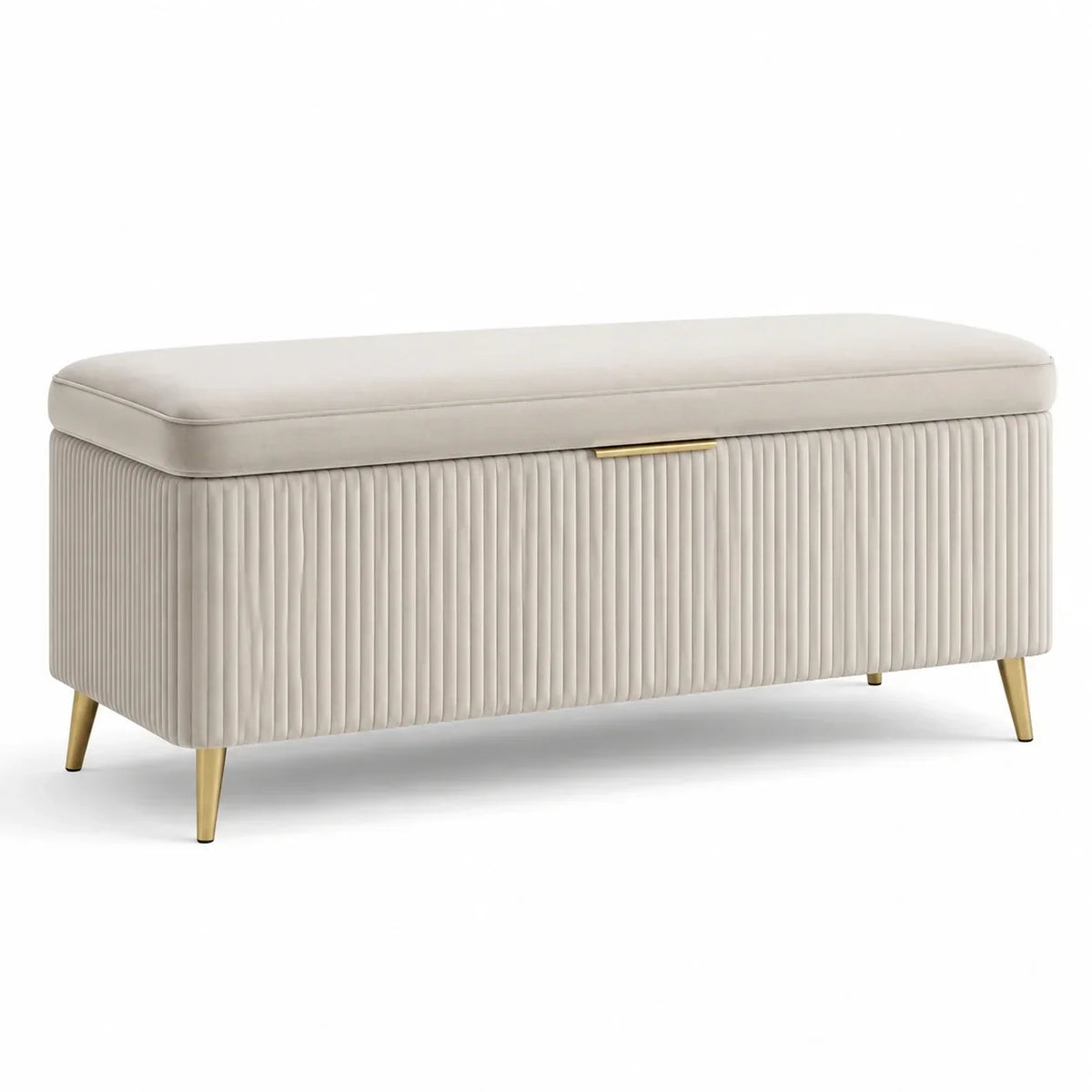 Banco de terciopelo con almacenaje, patas de metal, beige, 120x40x50 cm