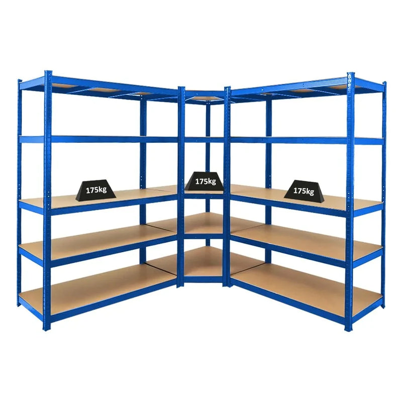 PROREGAL Estantería esquinera Ragnar 1x 180x90x60cm y Taurus 2x 180x120x60cm Azul, carga por balda 175kg, estantería de sótano, estantería de montaje sin tornillos