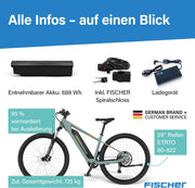 Bicicleta eléctrica de montaña (MTB) Fischer Montis 2.2 Active para hombre y mujer, talla de cuadro 49, motor trasero de 50 Nm, batería de 48 V