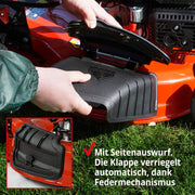 Cortacésped de gasolina 5 en 1 HECHT: potente motor Eco de 4 tiempos de 4,4 kW (6,0 CV), arranque por cuerda, 53 cm de ancho de corte, recogedor de 75 l, tracción a las ruedas, ruedas patentadas, EasyClean, función de mulching