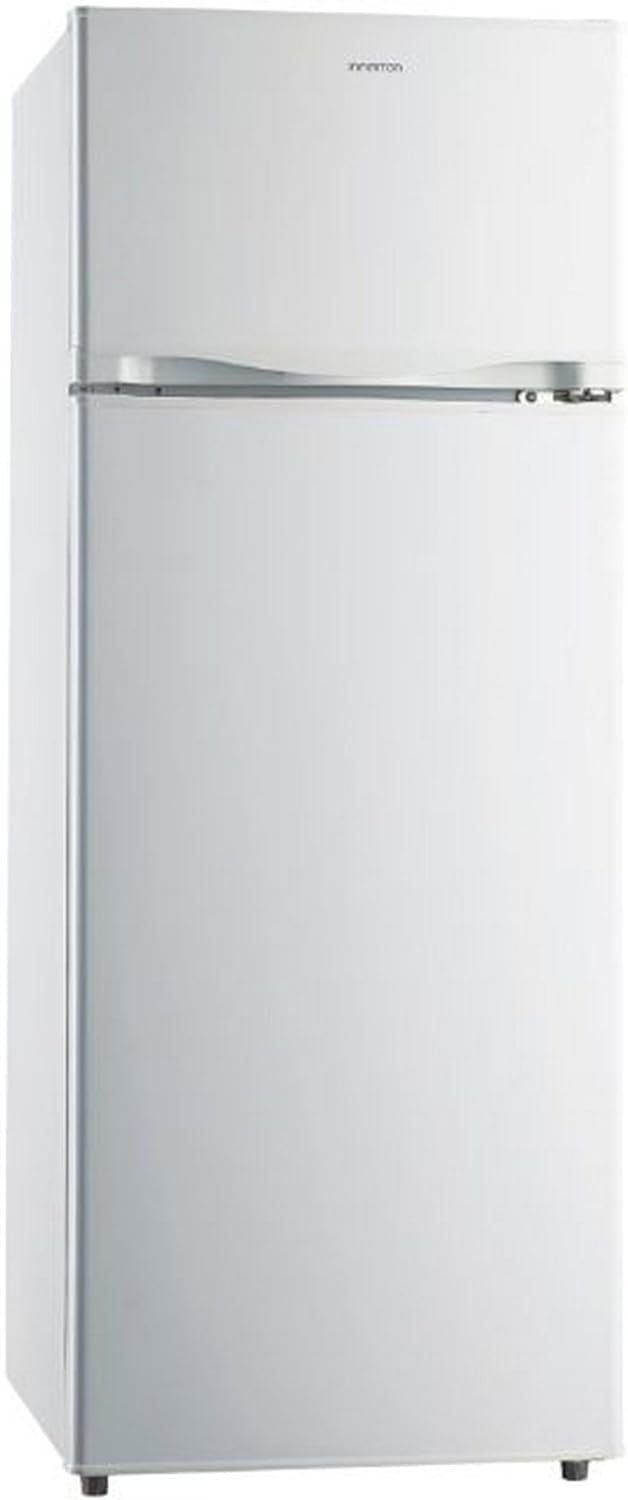 INFINITON Frigorífico de dos puertas FG-A145B, 200 Litros, 143 cm de altura, Defrost, luz LED interior, clase E, diseño con tirador integrado, 55 cm de ancho, patas regulables en altura, puerta reversible, blanco