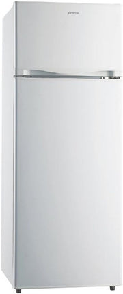 INFINITON Frigorífico de dos puertas FG-A145B, 200 Litros, 143 cm de altura, Defrost, luz LED interior, clase E, diseño con tirador integrado, 55 cm de ancho, patas regulables en altura, puerta reversible, blanco