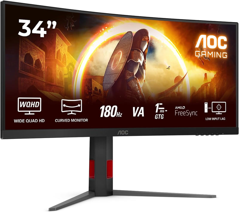 AOC Gaming CU34G4 - Monitor Quad HD de 34 pulgadas, 180 Hz, 1 ms, FreeSync Prem., HDR10 (2560x1440, 1x HDMI 2.0, 1x DisplayPort 1.4) Negro-Rojo