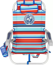 Silla de playa Tommy Bahama modelo 2025. A rayas rojas y azules.