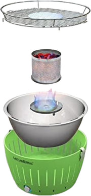 LotusGrill Classic (verde lima), la barbacoa de carbón sin humo/parrilla de mesa con puerto USB en varios colores alegres. Garantizado: siempre con la tecnología más reciente.