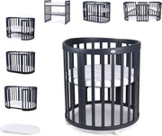 Cuna ovalada evolutiva Waldin, set completo 7 en 1, cuna de barrotes, cama infantil con colchón, cambiador, cuna colecho, madera blanca