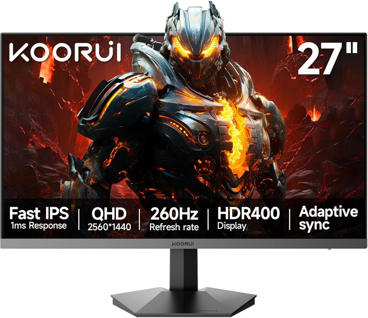 Monitor Gaming KOORUI 27 pulgadas, pantalla PC IPS, QHD 2560 × 1440, 260 Hz, 1 ms HDR400 99% sRGB, Adaptive Sync, inclinación ajustable de -5° a 20°, 2xHDMI 2.0 y 1xDP 1.4, negro
