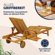 Tumbona plegable Casaria® resistente a la intemperie, de madera, capacidad de carga de 160 kg, con 2 ruedas, mesa auxiliar, respaldo y reposapiés ajustables, 196 cm