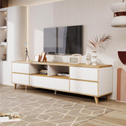 BTM Mueble de TV rústico, banco de TV con compartimentos y puertas, para salón, comedor, dormitorio, almacenamiento práctico, blanco y madera natural, 175x37x51 cm