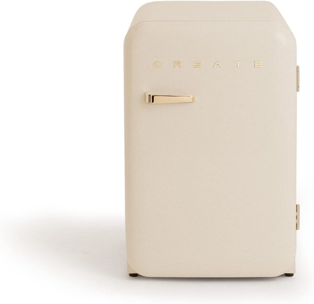 CRÉER / RÉFRIGÉRATEUR RÉTRO 83,5 ARGENT/Réfrigérateur blanc cassé avec poignée dorée / 98W, basse consommation, 2 étagères, régulateur de température, porte-bouteilles, 56x54x84cm.
