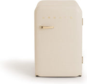 CRÉER / RÉFRIGÉRATEUR RÉTRO 83,5 ARGENT/Réfrigérateur blanc cassé avec poignée dorée / 98W, basse consommation, 2 étagères, régulateur de température, porte-bouteilles, 56x54x84cm.