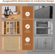 Aparador con alacena COSTWAY, armario de cocina de bambú, buffet de cocina con puerta corredera, puerta de ratán, ganchos, soporte para copas y cajón, armario despensa, vitrina estilo rústico, natural