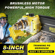 8 Zoll Mini Kettensäge & Akku Elektro Astschere, 4-in-1 Gartenwerkzeug Mit Bürstenlosem Motor, Teleskopstange Bis 4.2m, 2×4.0Ah Akkus, Astsäge Hochentaster Akku, FüR Baumzweige, Holzschneiden (yel)