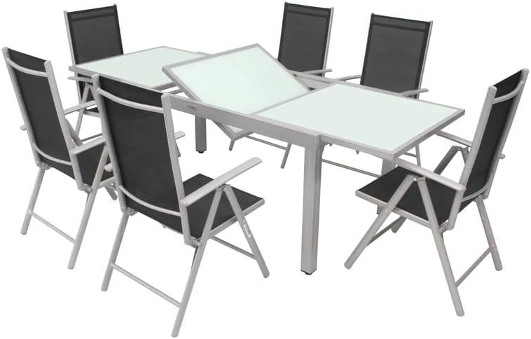 Conjunto de comedor de jardín Villana, plata/negro, aluminio/textil, mesa 160/220 cm, 6 sillas plegables