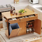 Isla móvil de 55 pulgadas con toma de corriente y mesa plegable, carrito de isla de cocina con ruedas y gabinete para almacenamiento de basura para cocina