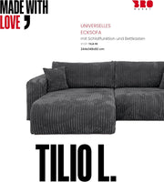 Sofá esquinero BROMARKT con función cama gris oscuro, sofá en forma de L de tela de pana con arcón, sofá cama para salón con espacio de almacenamiento, sofá esquinero de 3 plazas, conjunto de salón 244x148x82 cm TILIO