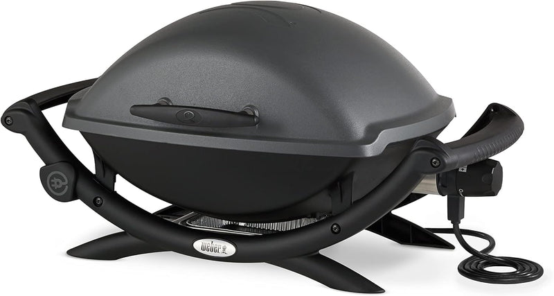 Barbacoa eléctrica Weber Q2400 con mesas laterales, superficie de cocción de 54 x 39 cm, portátil, rejilla de cocción de hierro fundido vitrificado dividida en 2 partes, tapa y cuerpo de aluminio fundido - Gris oscuro (55020079)