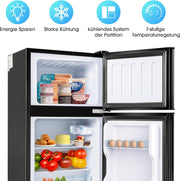 Refrigerador con congelador Merax, combinación frigorífico-congelador, frigorífico pequeño con 51L y congelador de 21L, silencioso, LED, estantes de vidrio, cajón para verduras, estantes en la puerta, para cocina, sala de estar, oficina, negro