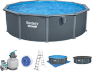 Set completo de piscina con pared de acero Bestway Hydrium redonda 488 x 132 cm, efecto madera gris, piscina de jardín, piscina elevada, filtro de arena