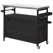 Isla de cocina para exteriores con cubierta de acero inoxidable, carrito de cocina de madera con puertas, estantes y especiero, isla de cocina con ruedas