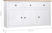 vidaXL Aparador de madera maciza de pino de Panamá con 3 cajones y 3 puertas, cómoda, mueble auxiliar, armario multiusos, alacena, blanco, 135x40x80 cm