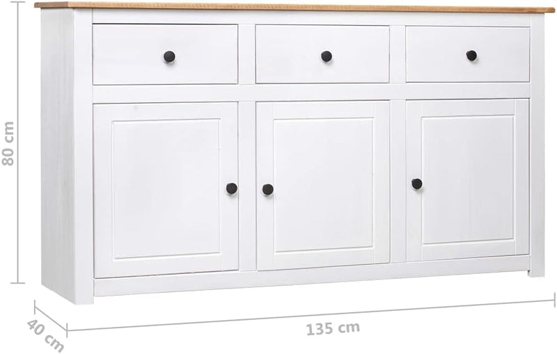 vidaXL Aparador de madera maciza de pino de Panamá con 3 cajones y 3 puertas, cómoda, mueble auxiliar, armario multiusos, alacena, blanco, 135x40x80 cm