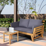 GIANTEX Banco de jardín con función de tumbona, sofá de jardín con reposabrazos plegables, banco de balcón con cojines, banco de exterior de madera de acacia, sofá lounge de 3 plazas, sofá cama para balcón, jardín y terraza | Diseño 3 en 1