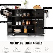 KOMFOTTEU Isla de cocina móvil con encimera de acero inoxidable, carrito de cocina con 3 cajones, toallero y estante ajustable, carrito con ruedas, 135 x 45,5 x 91,5 cm negro