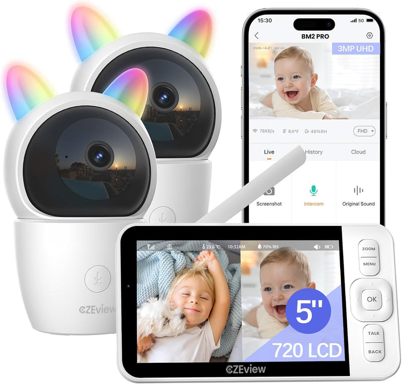 Vigilabebés 2K con 2 cámaras, monitor de vídeo de 5,0", PTZ 360°, cámara de vigilancia para bebés, audio bidireccional, visión nocturna, nanas, detección por IA y alertas inteligentes