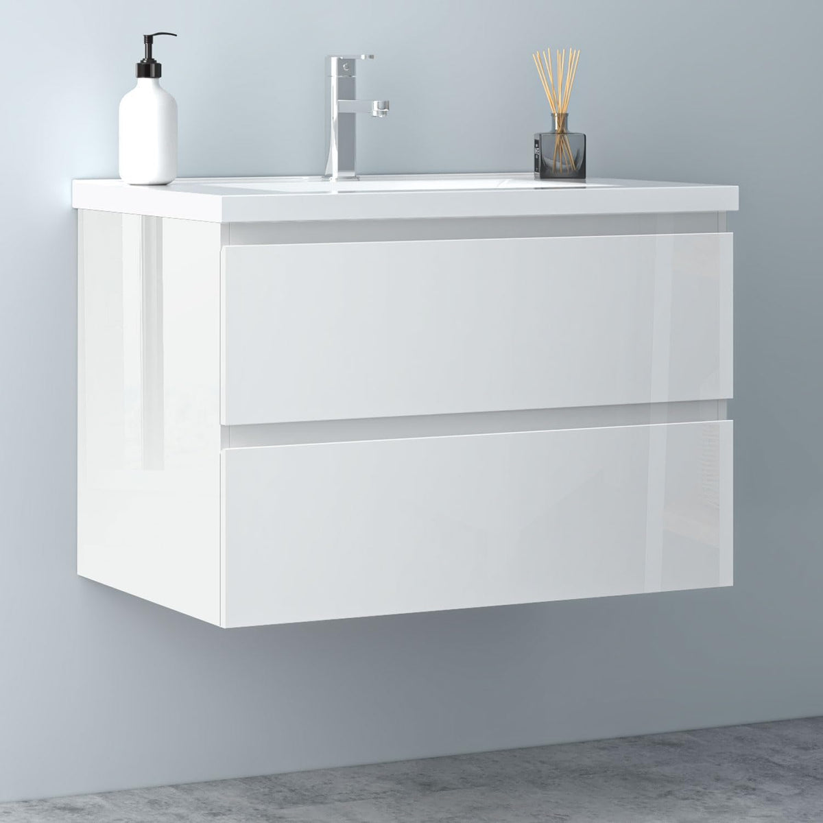 Muebles de baño, lavabo de cerámica de 80 cm con mueble bajo, conjunto de muebles de baño, armarios de baño con 2 cajones de cierre suave, blanco brillante