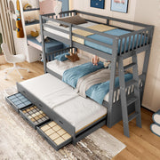 Ymkua Cama litera para niños 90x200 cm con almacenamiento, cama alta con escalera y cama nido, cama juvenil estructura con 3 cajones, cama de madera con protección anticaídas y somier, sin colchón (Gris)