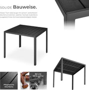 tectake® Mesa de jardín, mesa de comedor exterior, mesa de balcón con aspecto de madera, mesa de terraza con marco de aluminio, muebles de jardín resistentes a la intemperie, 90x90x74,5 cm, mesa para jardín, salón, conjunto de asientos - negro