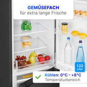 Refrigerador con congelador Bomann® de 143 cm de altura | Frigorífico combi de 175 L con 3 estantes y 3 cajones | Sentido de apertura de puerta reversible | Frigorífico combi silencioso de 39 dB | Frigorífico KG 322.1 aspecto inox