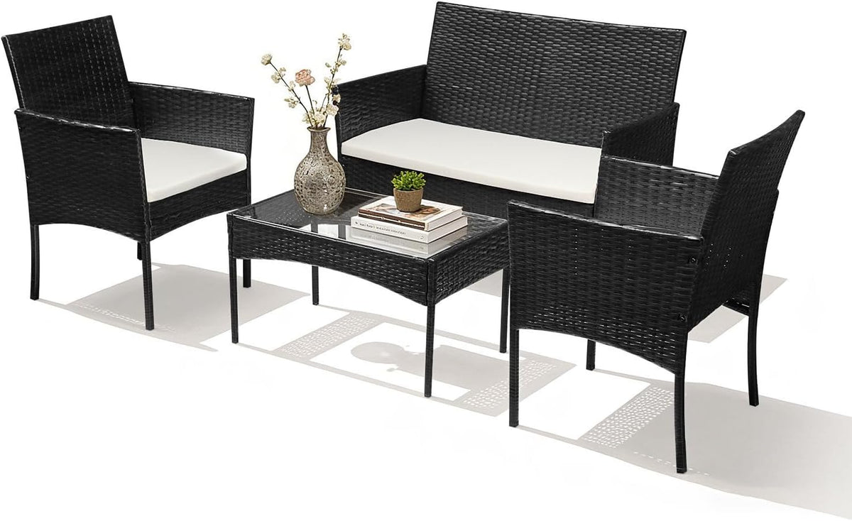 Set de muebles de jardín de polirratán para 4 personas con sofá de 2 plazas, 2 sillas, mesa y cojines, resistente a la intemperie, color negro, conjunto de muebles de terraza y balcón para jardín y patio