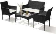Set de muebles de jardín de polirratán para 4 personas con sofá de 2 plazas, 2 sillas, mesa y cojines, resistente a la intemperie, color negro, conjunto de muebles de terraza y balcón para jardín y patio