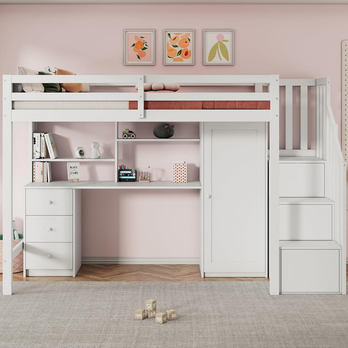 Cama alta infantil Merax 90x200 cm, con armario, escritorio, cajones y estantes, litera con escalera, somier y protección anticaídas, sin colchón, blanco/251×94×165 cm