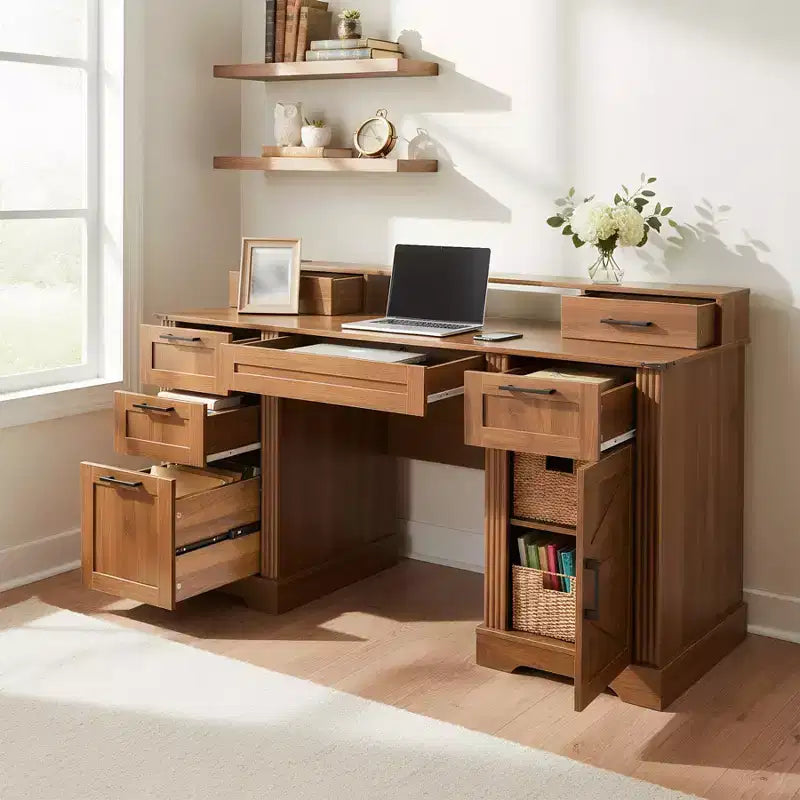 Escritorio ejecutivo de 59" con 6 cajones, escritorio de madera para computadora con cajón para archivos y estación de carga, mesa de conferencias para oficina en casa