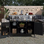 Isla de cocina para exteriores con cubierta de acero inoxidable, carrito de cocina de madera con puertas, estantes y especiero, isla de cocina con ruedas