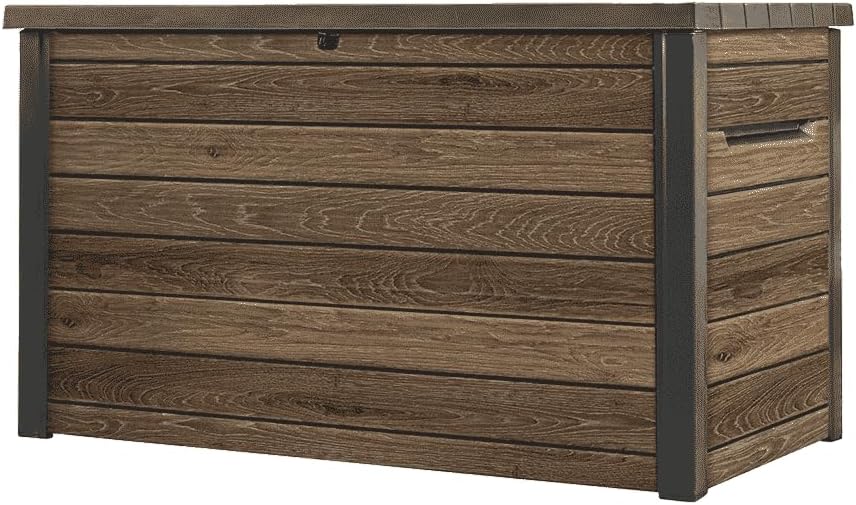 Arcón de almacenamiento Keter Signature 870L nogal - Caja de jardín con aspecto de madera y función de asiento - Baúl para cojines resistente a la intemperie con pistones de gas
